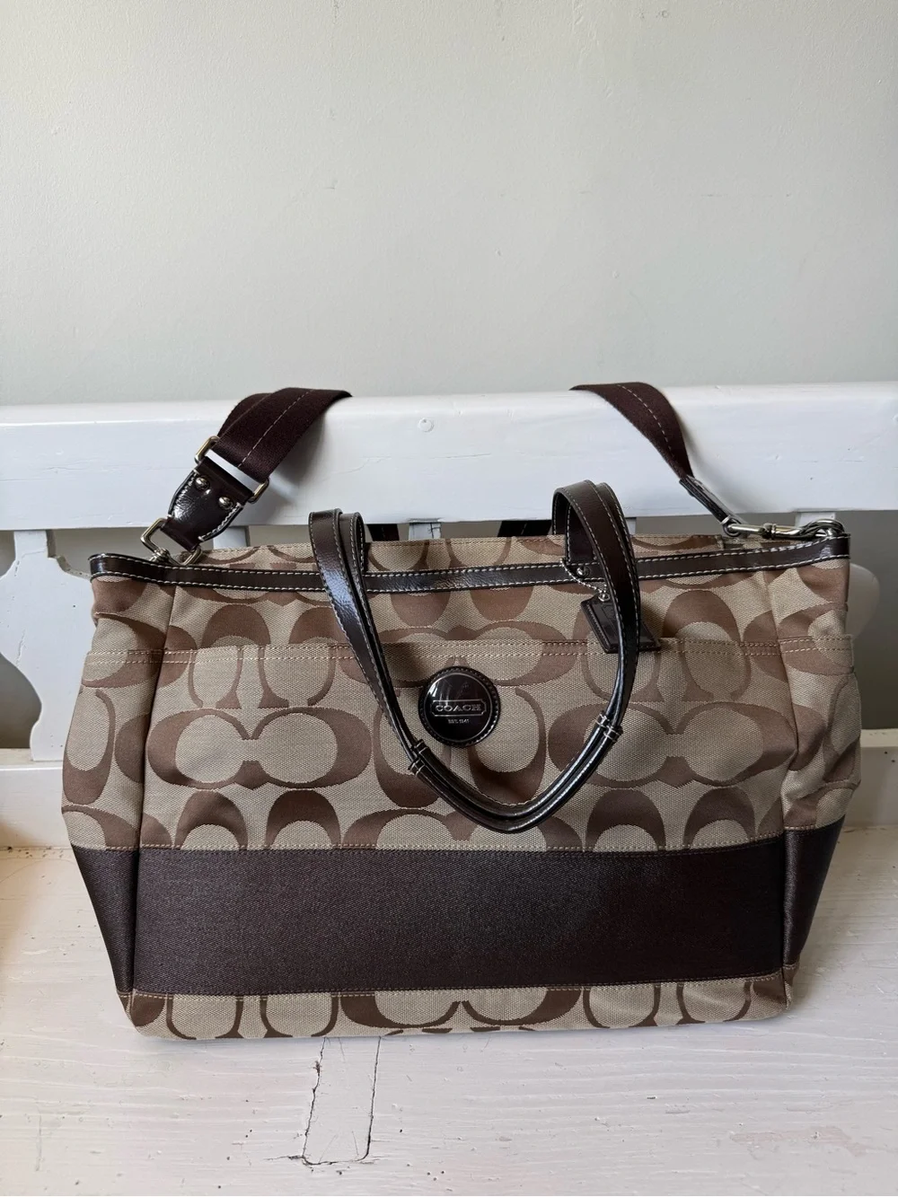 Coach Brown Signature Canvas Duffel Bag Diaper Baby Bag
